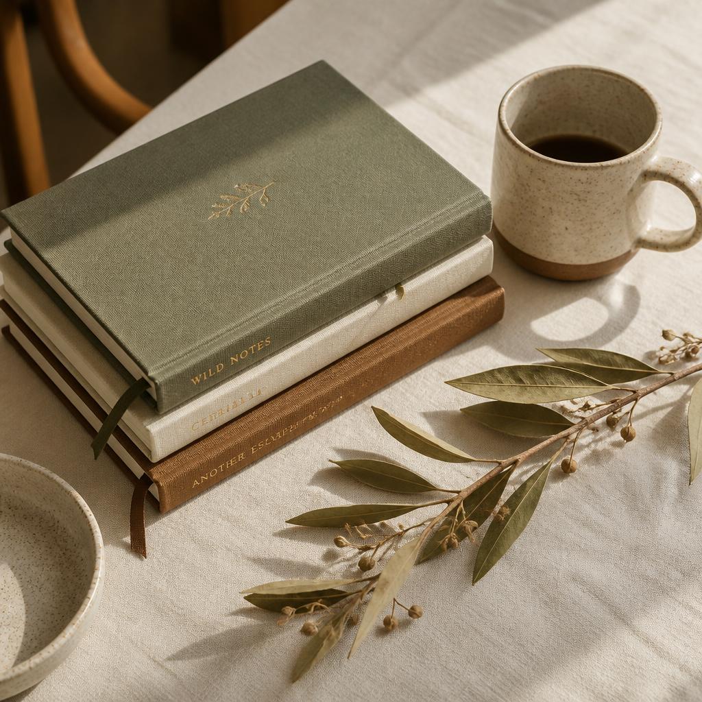 A stack of linen journals, a ceramic mug, and an olive branch in warm morning light