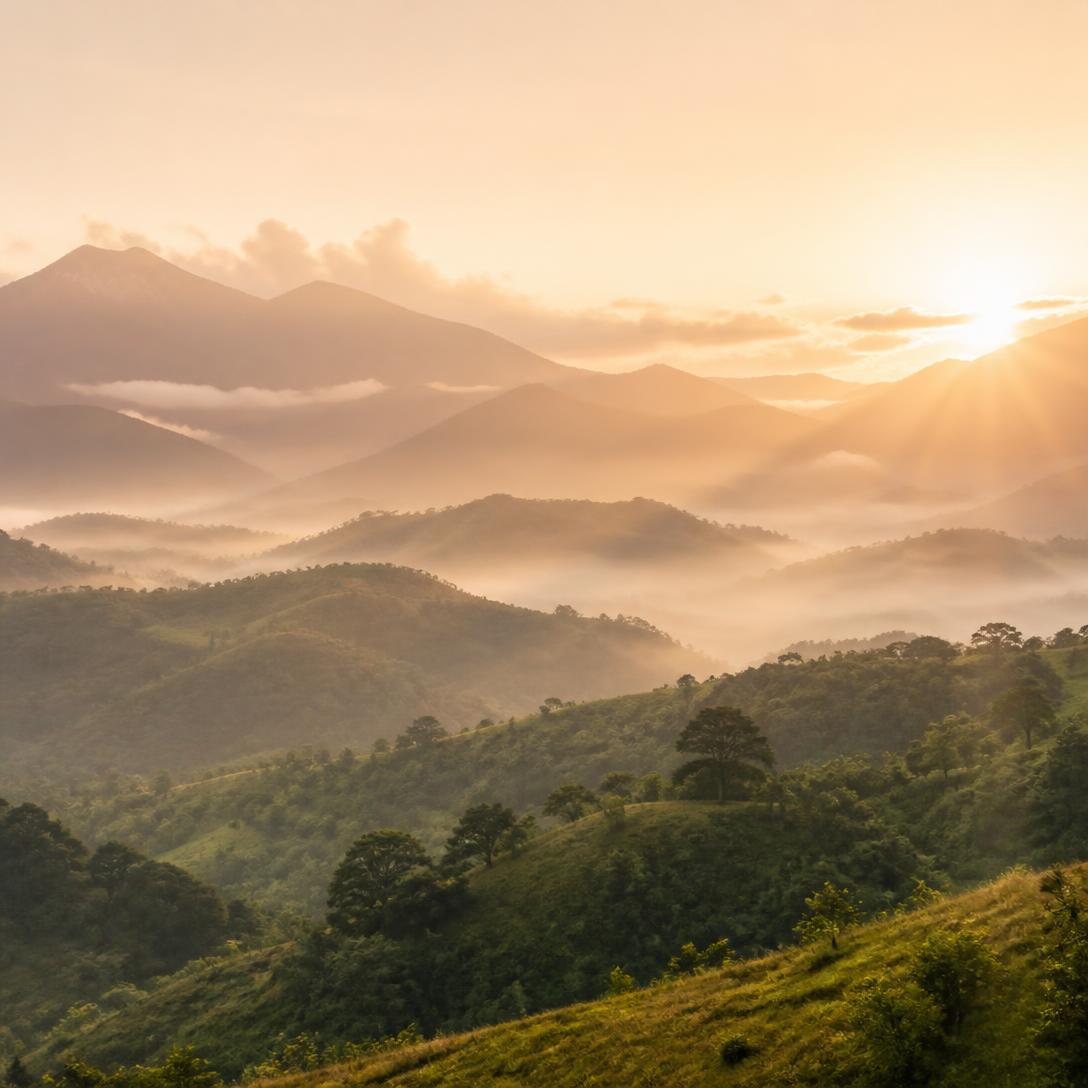 Sunrise light breaking over misty mountains